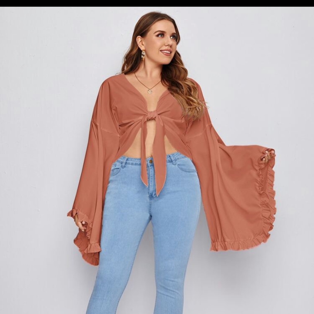 Plus Ruffle Bell Sleeve Tie Front Top